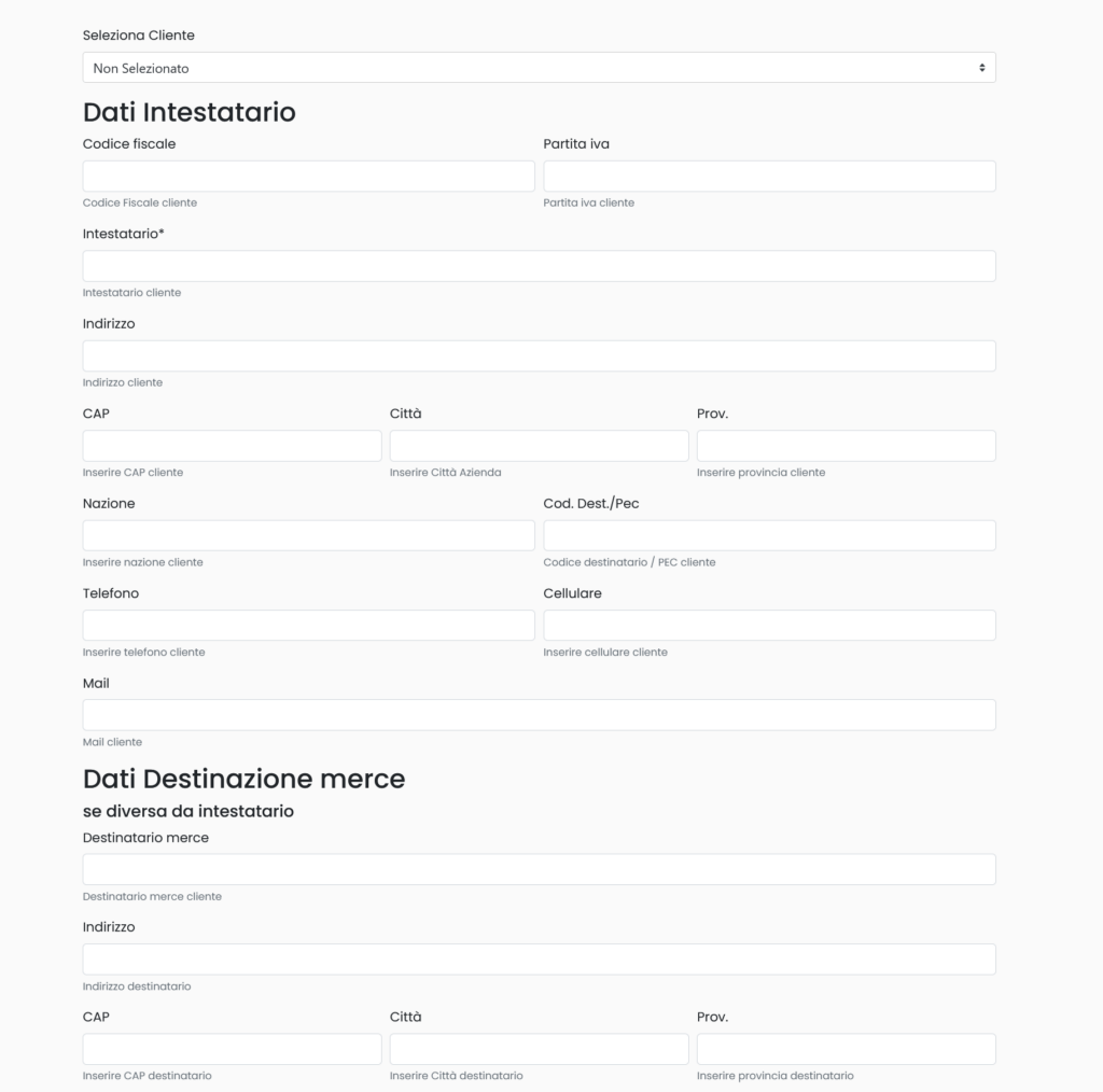 Inserimento e selezione cliente
